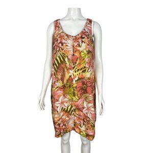 J Jill Love Linen Shift Dress Large Petite Pockets Sleeveless Pink Orange Floral